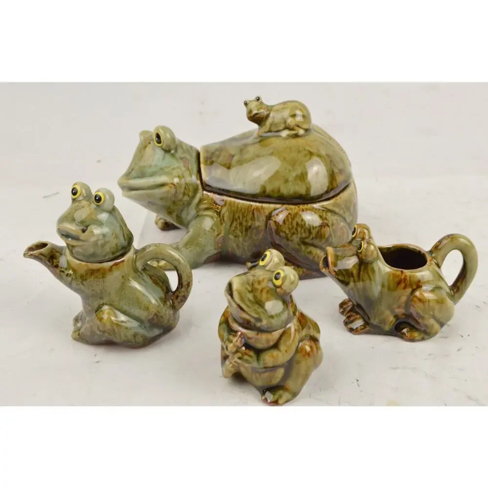 Frog Ceramic Tea Condiment Set x4 Lidded Bowl Sugar Creamer Green Glazed Pottery